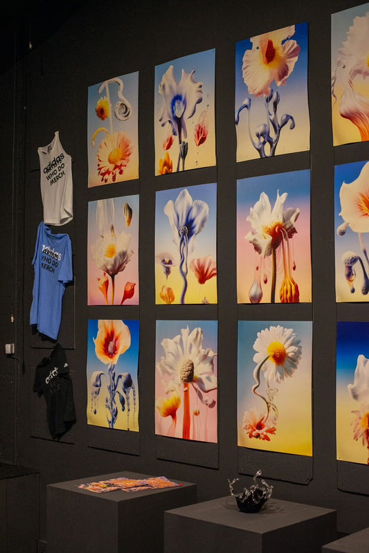 Artistic floral prints displayed on a dark wall.